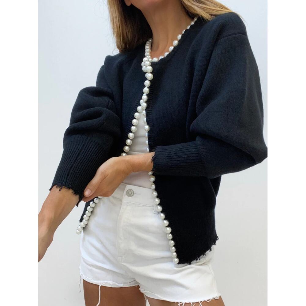 NWT Women's Commense Black Pearl Trim Ripped Hem Cardigan Sz S